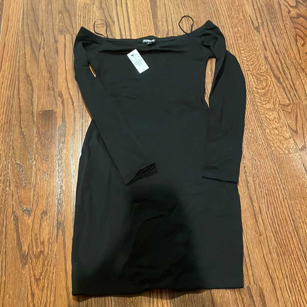 Off the shoulder black body con dress